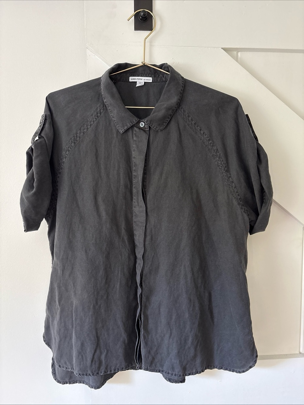 James Perse Button Front Shirt Roll Tab Sleeve Large (3) Gray Linen Blend